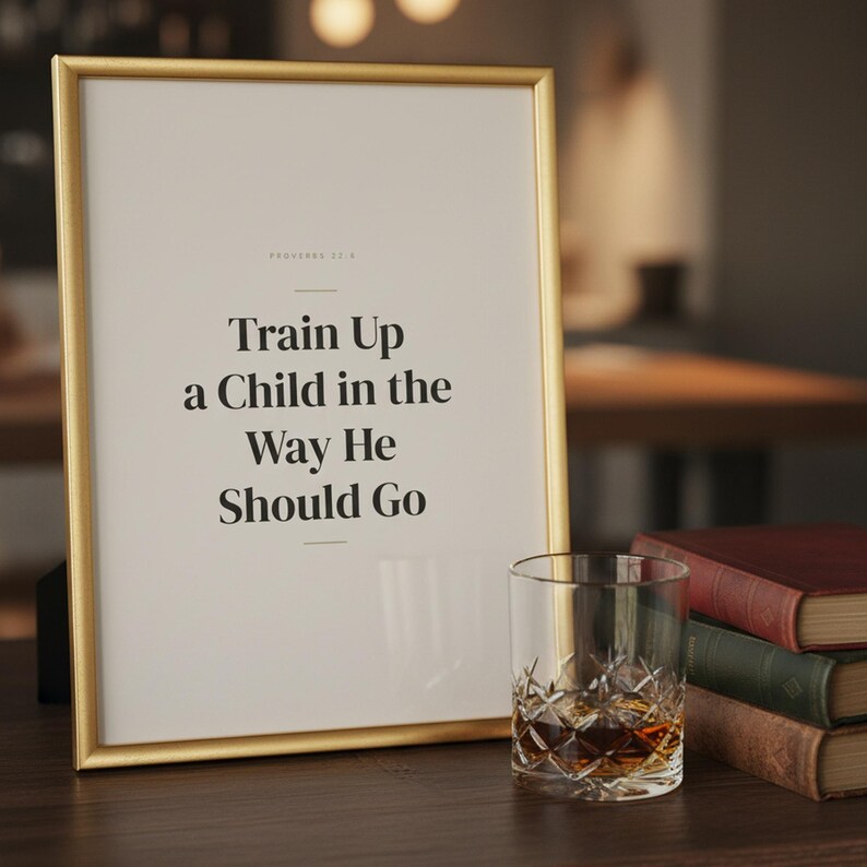 Train Up a Child in the Way He Should Go Proverbs 22:6 Wall Art Christian Father — front facing framed mockup on clean white wall with shadow. This Fathers Day christian scripture wall art print features beautiful serif typography on warm cream background. Proverbs 22:6 bible verse digital download printable for home office bedroom living room gallery wall decor. Perfect christian gift idea fro...
