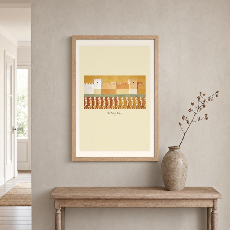 Room mockup of The Walls of Jericho displayed in a light oak frame on a warm neutral wall. The landscape artwork shows a fortified ochre city above a passing line of faceless horn bearers. A wide cream mat and restrained fresco palette suit a calm living room, prayer space, or Christian home. The printed title and Joshua 6:20 remain visible beneath the image.