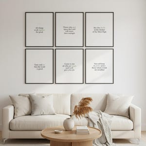 Scripture Wall Art Set of 6 Minimalist Bible Verse Prints Modern Christian Home  — lifestyle mockup in modern room setting with elegant framed print on wall. This modern minimalist christian scripture wall art print features beautiful serif typography on warm cream background. digital download printable for home office bedroom living room gallery wall decor. Perfect christian gift idea from The...