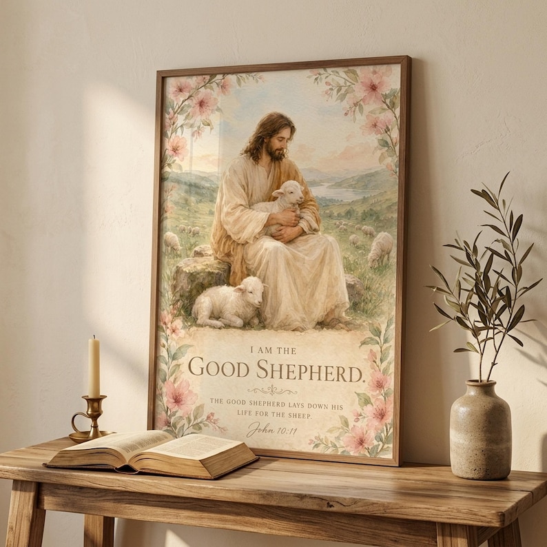 I Am The Good Shepherd John 10:11 watercolor christian wall art leaning on a rustic console table beside an open vintage Bible, brass candlestick, and dried olive branch. Reverent Christian home decor styling — perfect for baptism gift, pastor appreciation, and faith-centered Christian housewarming. Digital download instant access.