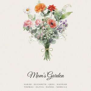 Personalized eight person birth flower bouquet demonstrating the fullest family option. Eight watercolor stems represent eight different birth months, with each name placed beneath its matching bloom and a custom family title completing the design. This larger arrangement shows how siblings, children or grandchildren can share one meaningful Christmas gift for mom or grandma.