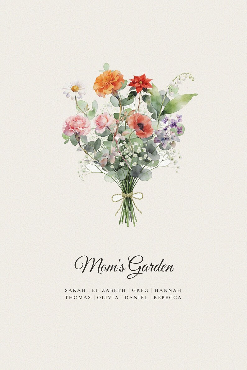 Personalized eight person birth flower bouquet demonstrating the fullest family option. Eight watercolor stems represent eight different birth months, with each name placed beneath its matching bloom and a custom family title completing the design. This larger arrangement shows how siblings, children or grandchildren can share one meaningful Christmas gift for mom or grandma.