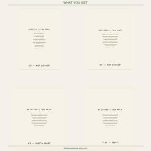 Flat lay grid showing all four print ratios included in the Psalm 1 digital download: 2:3, 3:4, 4:5, and 11:14. Each size displayed as a clean white print card with Blessed Is The Man scripture typography in dark green on cream. Four sizes plus PDF, instant download, 300+ DPI, ready to print at home or at a print shop.
