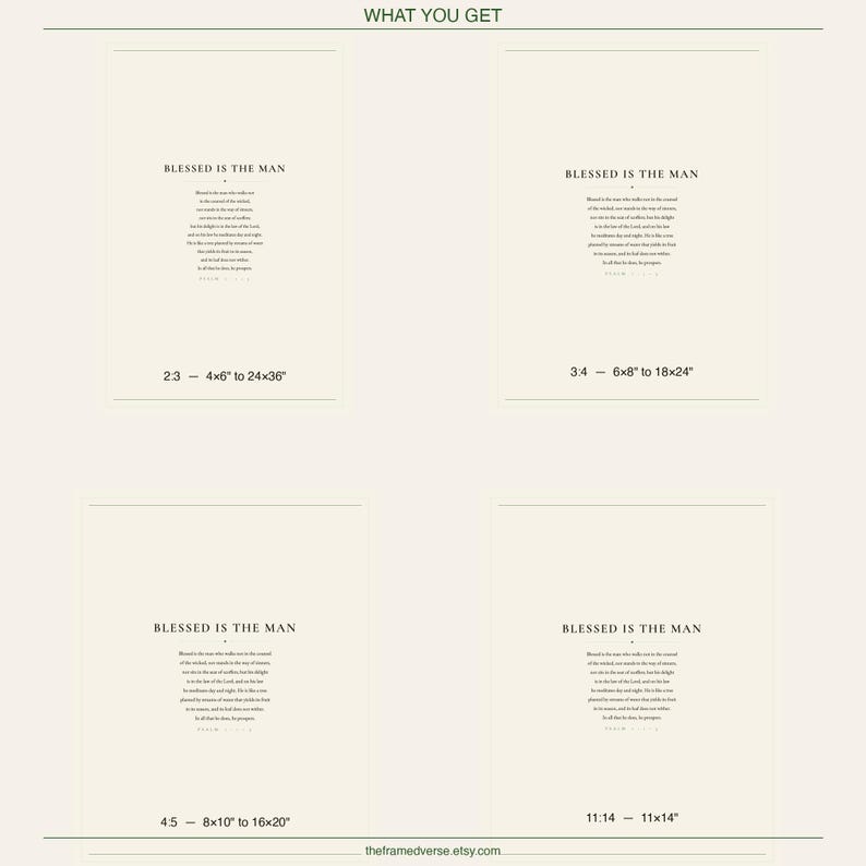 Flat lay grid showing all four print ratios included in the Psalm 1 digital download: 2:3, 3:4, 4:5, and 11:14. Each size displayed as a clean white print card with Blessed Is The Man scripture typography in dark green on cream. Four sizes plus PDF, instant download, 300+ DPI, ready to print at home or at a print shop.