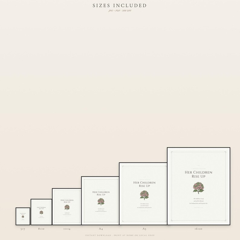 Proverbs 31 28 Mothers Day Print Her Children Rise Up Blessed Christian Wall Art, — "Her children rise up and call her blessed; her husband also, and he praises her", in gentle sage green nursery design with soft botanical watercolor illustration and calming earth tones, presented as an elegant flat lay on white marble with a fountain pen and eucalyptus sprig