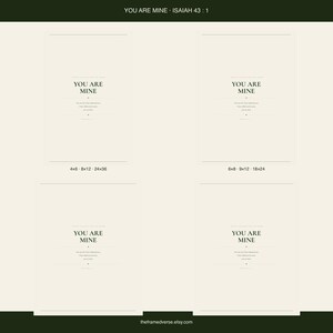 You Are Mine Isaiah 43:1 scripture print minimalist christian baptism gift baby dedication nursery wall art dark forest green typography on warm cream background, digital download all four print sizes 2x3 3x4 4x5 11x14 inch instant download what you get, digital download printable wall art instant download