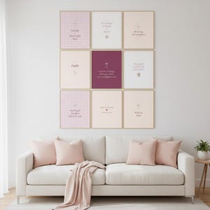 For I Know the Plans I Have for You Jeremiah 29:11 Wall Art Pink Blush Coquette  — room setting mockup in cozy living space with complementary decor. This coquette bow, pink blush christian scripture wall art print features beautiful serif typography on warm cream background. Jeremiah 29:11 bible verse digital download printable for home office bedroom living room gallery wall decor. Perfect ch...