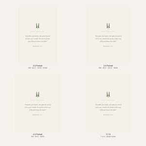 What you get: 4 print sizes of Hebrews 13:7 Remember Your Leaders pastoral gift digital download — 2:3 ratio (4x6 to 24x36 inches), 3:4 ratio (6x8 to 18x24 inches), 4:5 ratio (4x5, 8x10, 16x20 inches), and 11:14 ratio, plus combined PDF with all sizes, scripture wall art instant download TheFramedVerse