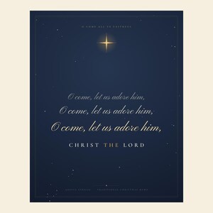 Clean front view of the Midnight O Come Let Us Adore Him hymn print in deep midnight, gold, and cream. The refrain repeats three times in elegant copperplate script as a visual crescendo, resolving in CHRIST THE LORD in gold capitals. A glowing Star of Bethlehem and fine double ornamental frame complete this refined Christian Christmas wall art.