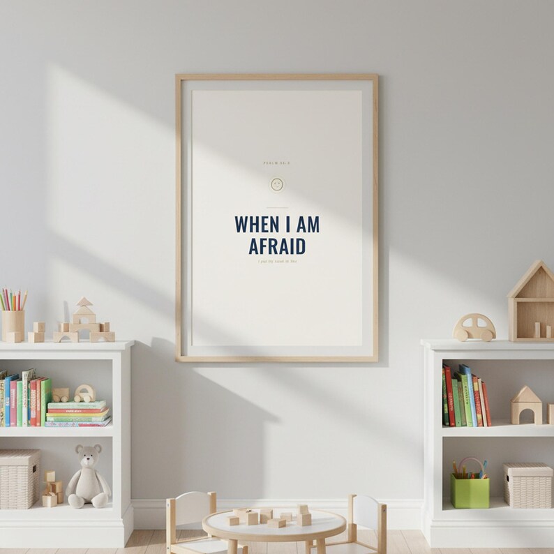 When I Am Afraid I Put My Trust in You Psalm 56:3 Wall Art Christian Boys Room P — close-up detail of typography and paper texture. This elegant christian scripture wall art print features beautiful serif typography on warm cream background. Psalm 56:3 bible verse digital download printable for home office bedroom living room gallery wall decor. Perfect christian gift idea from TheFramedVerse o...