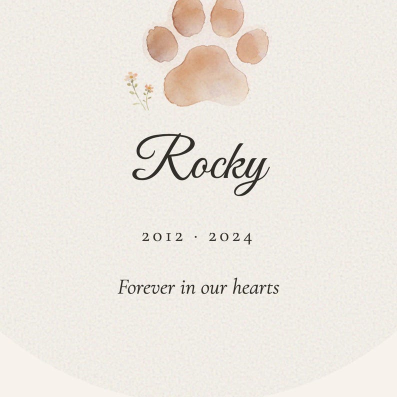 Detailed close up of the custom pet name and memorial years printed on the acrylic ornament. Crisp lettering shows Rocky and 2012 to 2024 beneath the soft watercolor Paw with Halo artwork, while the rounded edge and glossy surface catch gentle natural light. The tight crop highlights the readable personalization and careful finish of the pet remembrance keepsake.