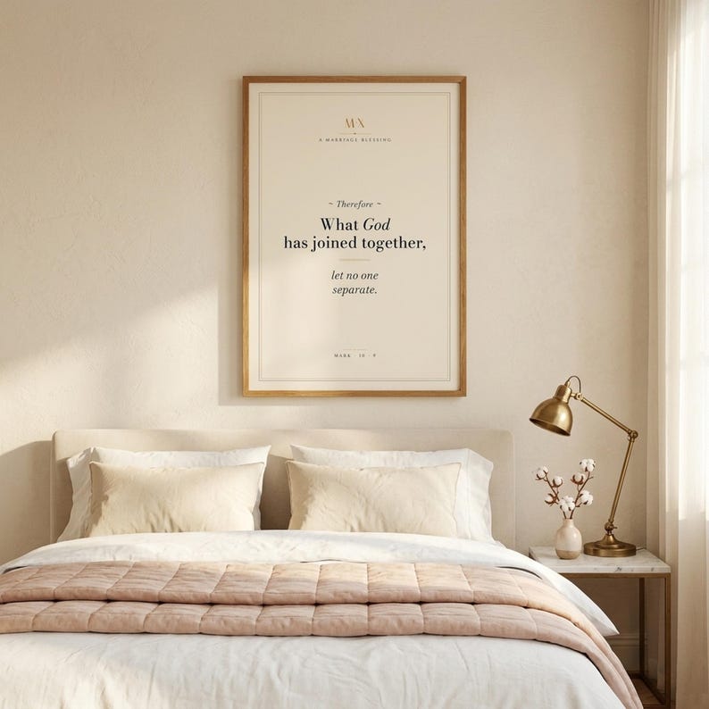 Mark 10:9 modern Christian wedding wall art print framed in oak above a cream velvet sofa with linen throw and ivory pillows, side table with ceramic mug and open Bible, cottage farmhouse Christian newlywed living room, soft afternoon light, digital download from TheFramedVerse Etsy
