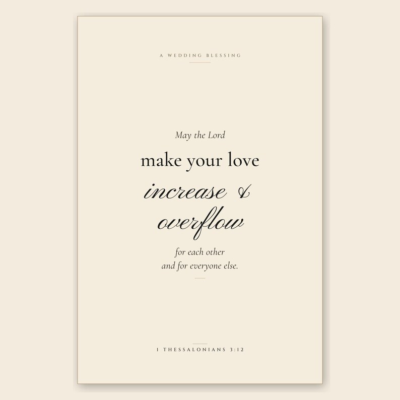 Extreme close-up macro of the 1 Thessalonians 3:12 'May the Lord Make Your Love Increase' Christian wedding wall art print on premium archival matte paper, showing the elegant Cormorant body and Pinyon Script climax typography in crystal-clear detail, paper texture visible. TheFramedVerse digital download for couple scripture wall art.