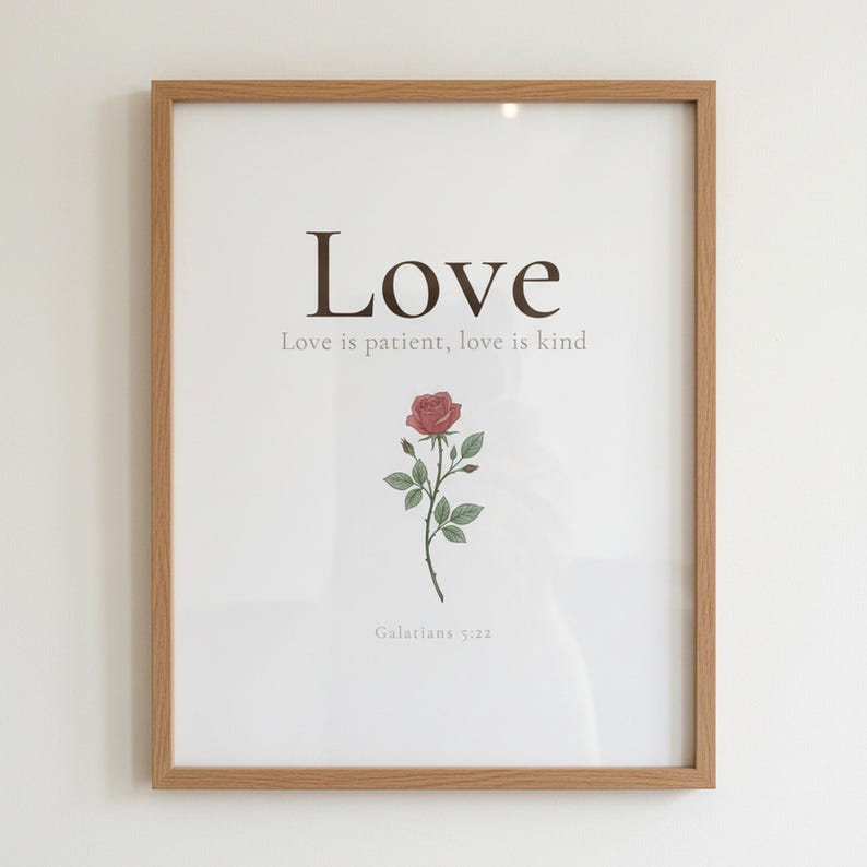 Love Fruit of the Spirit Christian wall art print featuring Galatians 5:22, with beautiful red rose botanical illustration, in minimalist botanical watercolor illustration on warm cream background with elegant serif typography, presented showing all included print sizes — 5x7, 8x10, 11x14, 16x20, A4 and A3 — each in crisp JPG and PDF format at professional 300 DPI resolution for sharp printing