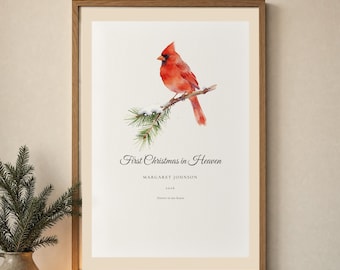 Stampa "Primo Natale in Paradiso", opera d'arte commemorativa personalizzata con nome e anno del cardinale, regalo di Natale in ricordo di un evento speciale.