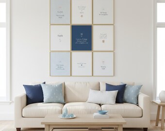 Blue Coquette Christian Wall Art Set of 9 Bible Verse Scripture Print Navy Floral Gallery Trendy Dorm Decor