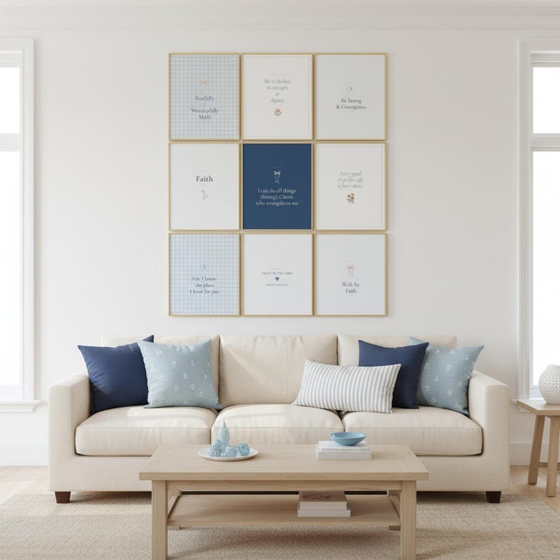 Blue Coquette Christian Wall Art Set of 9 Bible Verse Scripture Print Navy Flora — lifestyle mockup in modern room setting with elegant framed print on wall. This coquette bow, botanical, navy blue christian scripture wall art print features beautiful serif typography on warm cream background. digital download printable for home office bedroom living room gallery wall decor. Perfect christian g...