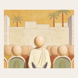 Close detail of The Entry into Jerusalem, showing the entry into Jerusalem, with a crowd of faceless figures raising flat palm fronds along the city wall at close range. The crop reveals softly modelled faceless forms, muted pigment transitions, fine cracks, and paperlike texture in the modern fresco illustration. This view focuses on the artwork surface rather than frame or room styling.