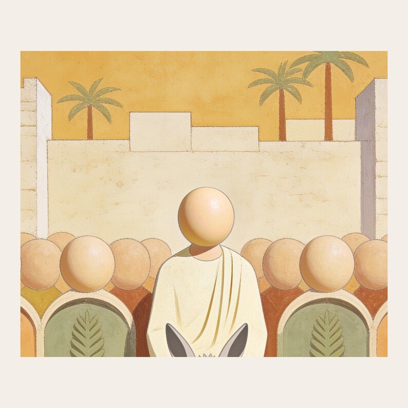 Close detail of The Entry into Jerusalem, showing the entry into Jerusalem, with a crowd of faceless figures raising flat palm fronds along the city wall at close range. The crop reveals softly modelled faceless forms, muted pigment transitions, fine cracks, and paperlike texture in the modern fresco illustration. This view focuses on the artwork surface rather than frame or room styling.
