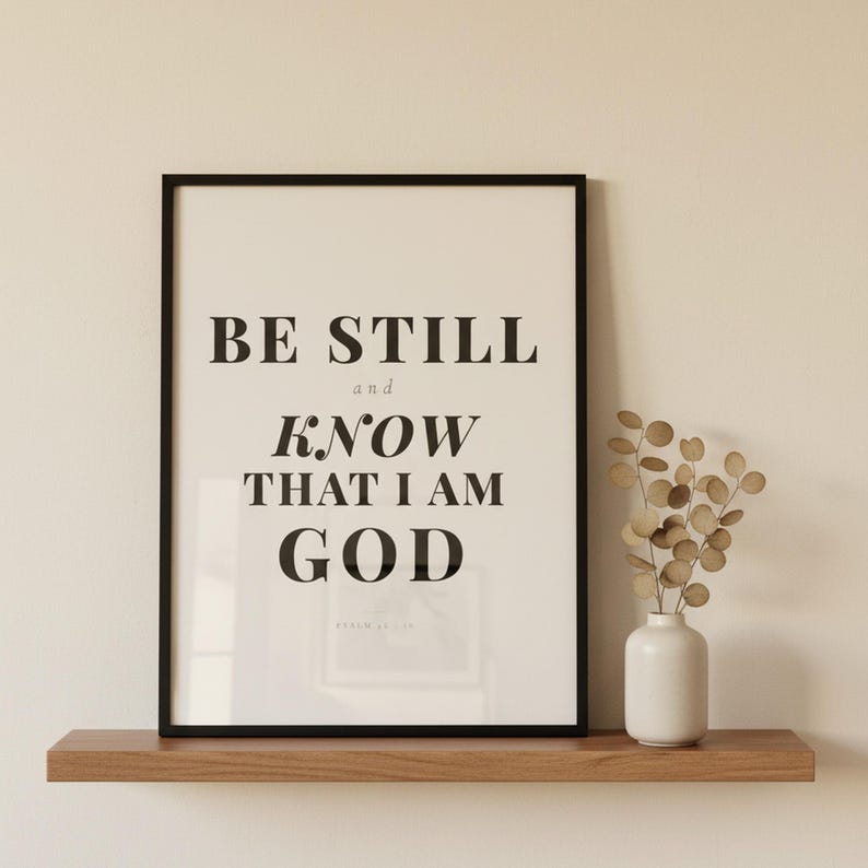 Psalm 46 10 Wall Art Be Still and Know That I Am God Scripture Print Christian, — "Be still and know that I am God. I will be exalted among the nations", in contemporary bold serif typography in black on clean white background, showcased in an elegant contemporary home interior with curated decor elements, demonstrating how this Christian art piece elevates any living space