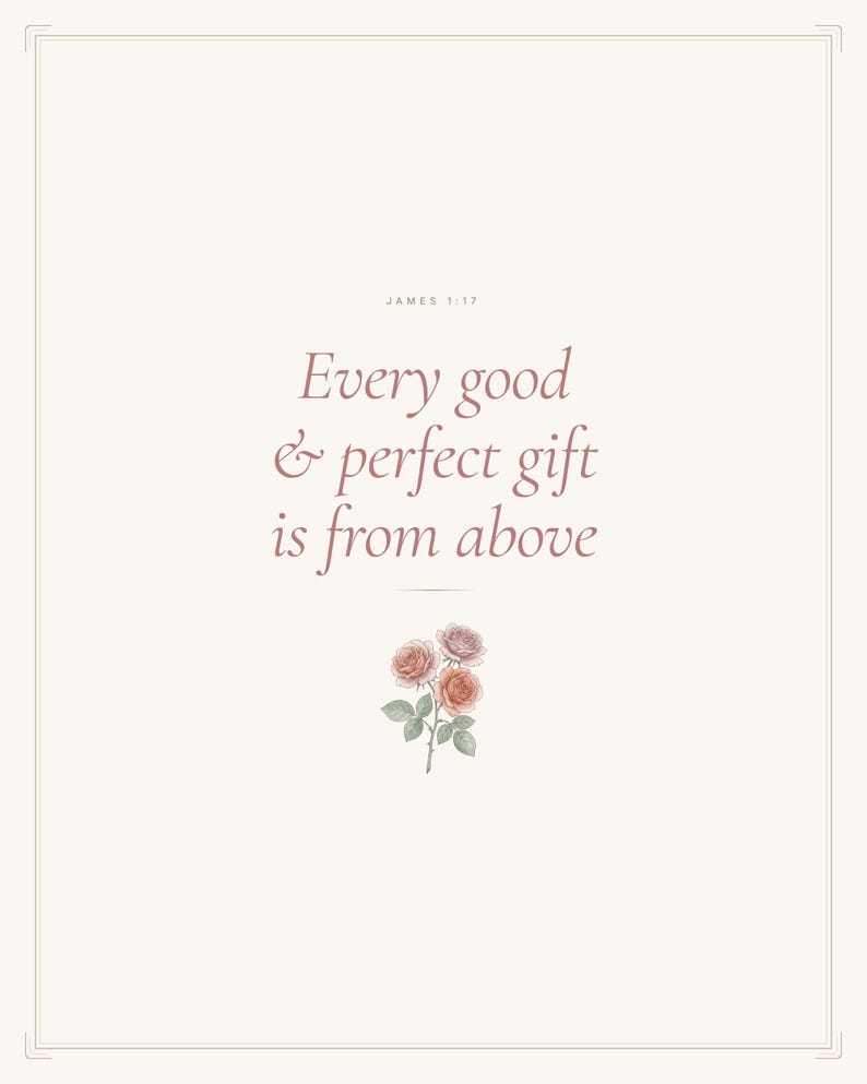 Every Good and Perfect Gift James 1 17 Wall Art Coquette Christian Print Blush B — hero framed product shot with glass reflection and premium frame. This coquette bow, botanical, pink blush christian scripture wall art print features beautiful serif typography on warm cream background. James 1 17 bible verse digital download printable for home office bedroom living room gallery wall decor. Perf...