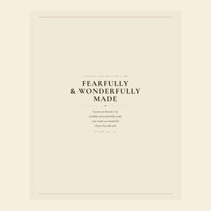 Boho nursery Scripture print with Fearfully and Wonderfully Made from Psalm 139:14. The soft, modern design celebrates a child's God-given worth and coordinates with the other three Bible verse artworks in the gallery wall set. A meaningful accent for a neutral baby room and a thoughtful baby shower, christening, or new baby gift.