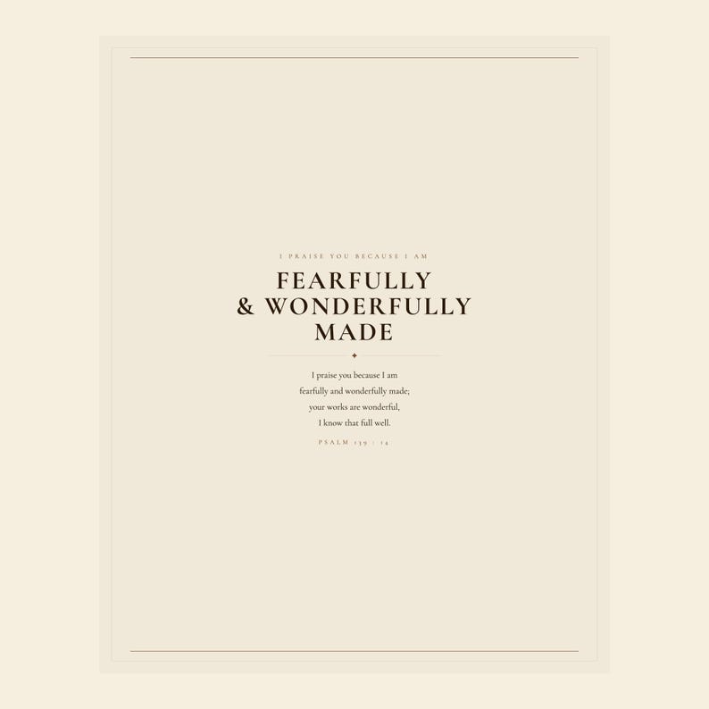 Boho nursery Scripture print with Fearfully and Wonderfully Made from Psalm 139:14. The soft, modern design celebrates a child's God-given worth and coordinates with the other three Bible verse artworks in the gallery wall set. A meaningful accent for a neutral baby room and a thoughtful baby shower, christening, or new baby gift.
