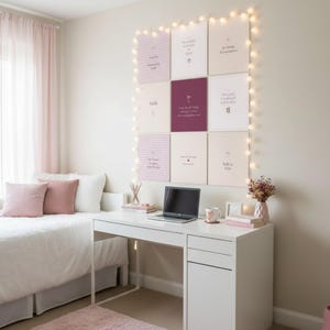 Pink Coquette Christian Wall Art Set of 9 Bible Verse Scripture Print Blush Flor — room setting mockup in cozy living space with complementary decor. This coquette bow, botanical, pink blush christian scripture wall art print features beautiful serif typography on warm cream background. digital download printable for home office bedroom living room gallery wall decor. Perfect christian gift ide...