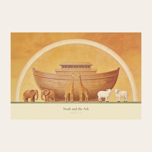 Clean front view of the unframed Noah and the Ark digital print on a light neutral background. The full horizontal composition shows a wooden ark beneath a rainbow with three animal pairs, elephants, giraffes, and sheep, followed by the title and Genesis 7:9 in serif type on a cream caption band. The complete borders, warm fresco texture, and restrained palette are visible without props or frame.