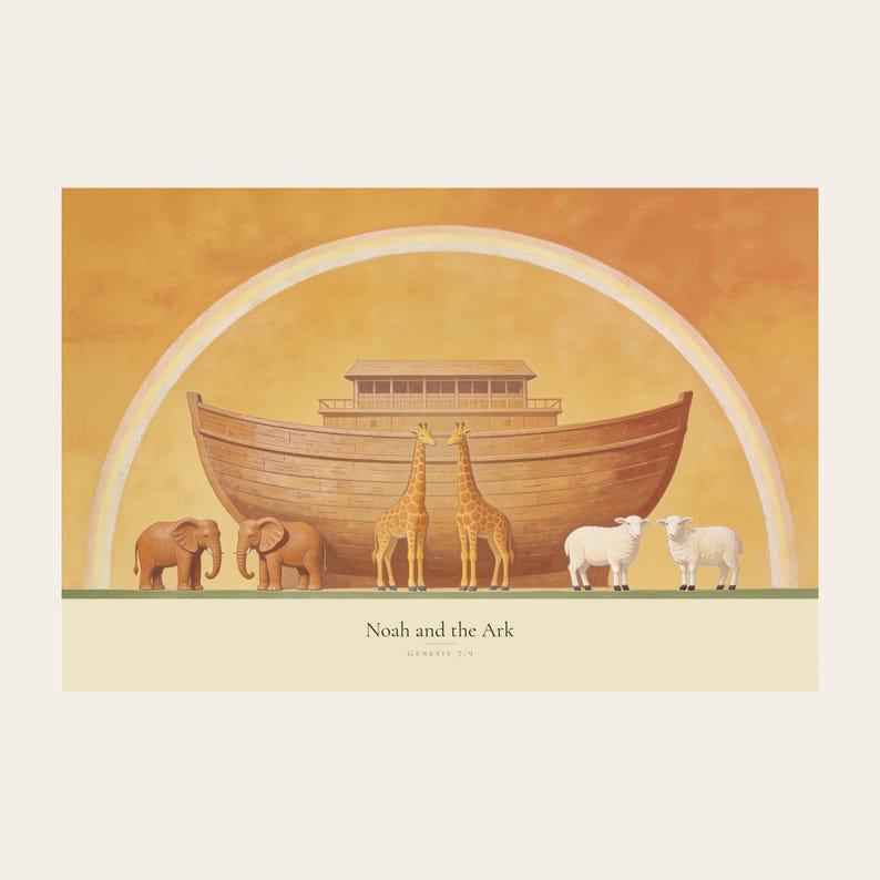 Clean front view of the unframed Noah and the Ark digital print on a light neutral background. The full horizontal composition shows a wooden ark beneath a rainbow with three animal pairs, elephants, giraffes, and sheep, followed by the title and Genesis 7:9 in serif type on a cream caption band. The complete borders, warm fresco texture, and restrained palette are visible without props or frame.