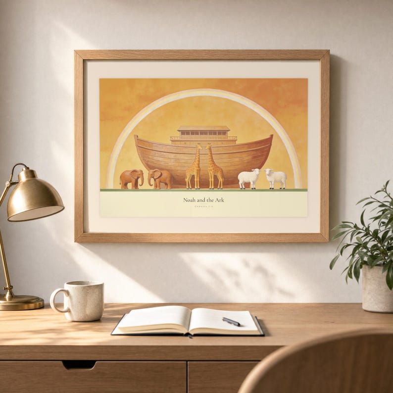 Desk mockup of Noah and the Ark in a light oak frame above a wooden workspace with a brass lamp, ceramic mug, open notebook, pen, and leafy plant. The artwork shows a wooden ark beneath a rainbow with three animal pairs, elephants, giraffes, and sheep. Angled sunlight, neutral styling, and cream matting place the Bible story print in a quiet study or home office setting.