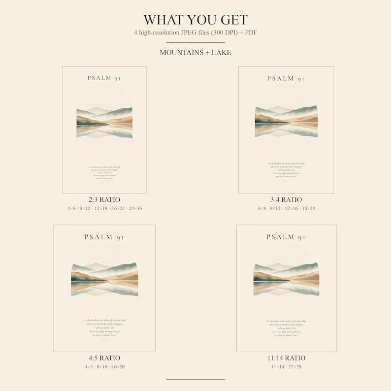 What you get: 4 high-resolution JPEG print sizes of your custom scripture wall art digital download — 2:3 ratio (4x6 to 24x36 inches), 3:4 ratio (6x8 to 18x24 inches), 4:5 ratio (4x5, 8x10, 16x20 inches), and 11:14 ratio, plus combined PDF with all sizes ready for instant printing at home or local print shop