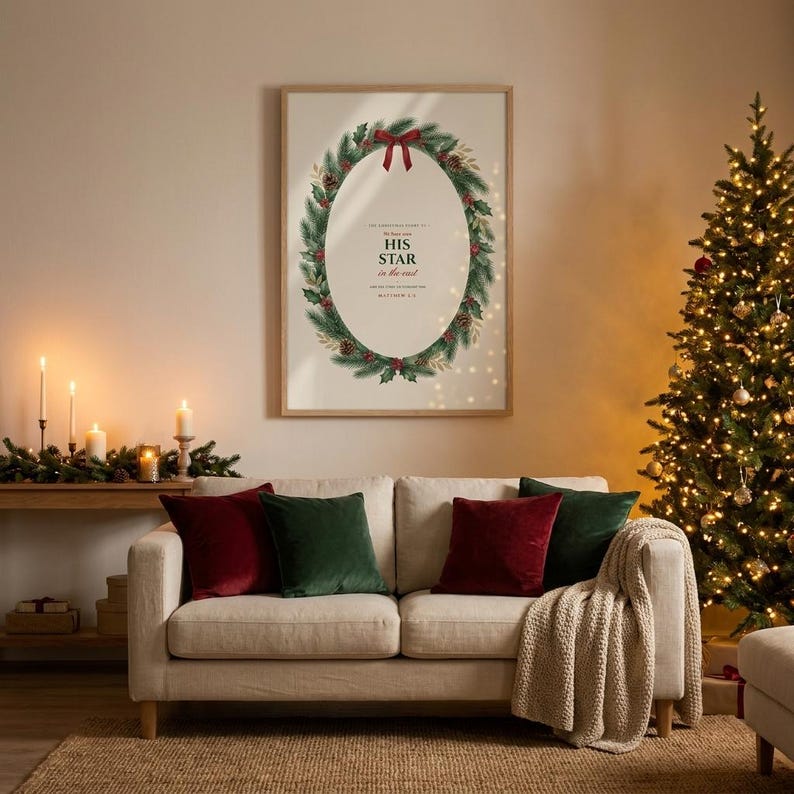 Matthew 2:2 His Star nativity scripture print from the Christmas Story set, slim oak frame behind glass on a warm Christmas living room wall above a cream sofa with red and green velvet cushions, glowing Christmas tree and candles, festive evening light. Printable Christian Christmas wall art digital download by TheFramedVerse.