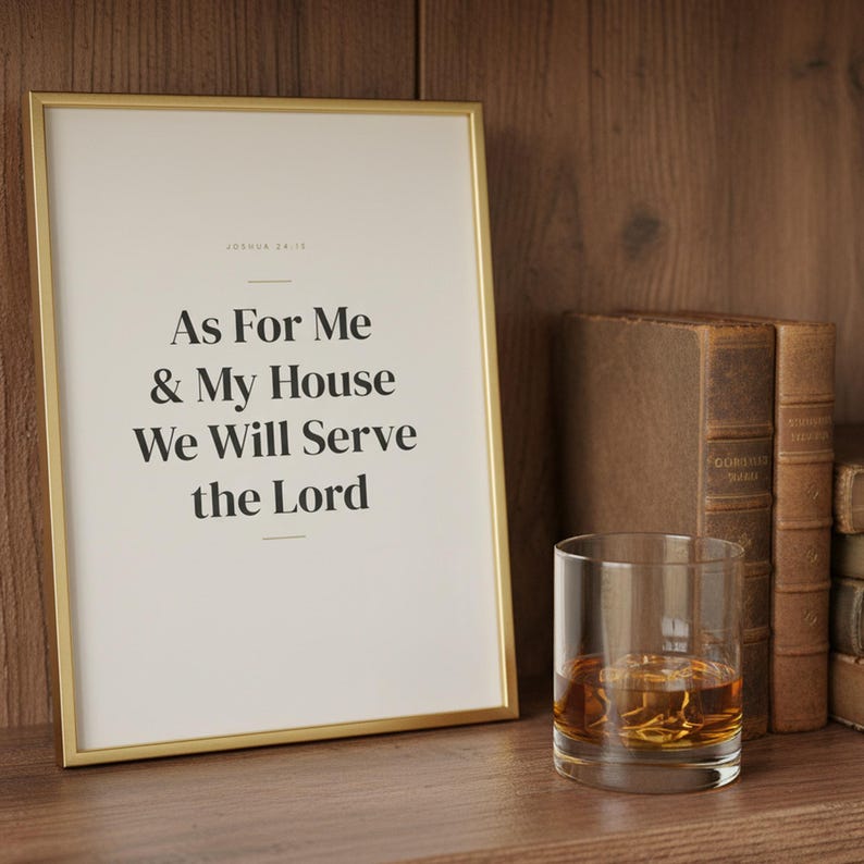 As For Me and My House We Will Serve the Lord Joshua 24:15 Wall Art Christian Fa — front facing framed mockup on clean white wall with shadow. This Fathers Day christian scripture wall art print features beautiful serif typography on warm cream background. Joshua 24:15 bible verse digital download printable for home office bedroom living room gallery wall decor. Perfect christian gift idea from...
