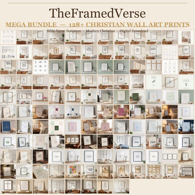 TheFramedVerse Mega Bundle mockup — 128 Christian wall art Bible verse scripture prints arranged in a clean grid mosaic with cream parchment background and gold accents. Whole shop digital download bundle including modern minimalist, coquette sage, vintage botanical, watercolor, and gallery wall styles for Christian home decor, weddings, baptisms, and gift-giving.