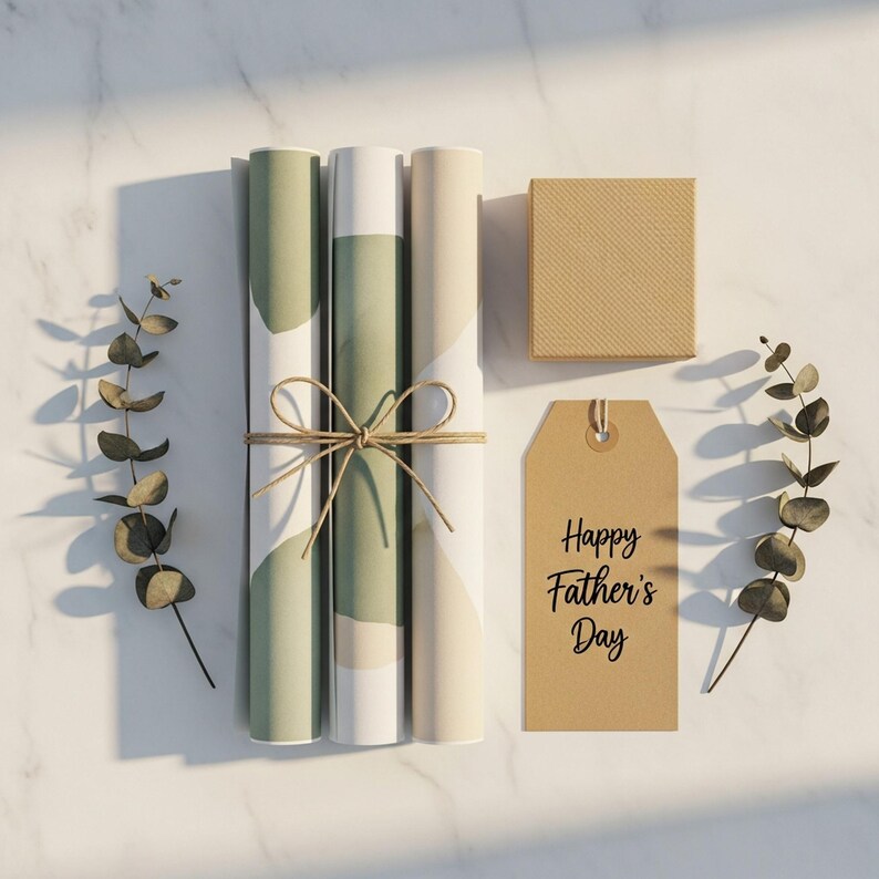 Father Day gift presentation flat lay with three rolled sage green and cream scripture art prints tied together with natural twine bow on white marble surface. Kraft paper gift tag reading Happy Fathers Day with dried eucalyptus sprigs and small kraft gift box. Micah 6:8 Proverbs 20:7 1 Timothy 6:11 Man of God Christian bible verse set of 3 digital download printable wall art for dad husband pastor gift