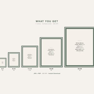 What You Get - Scripture wall art in sage green, available in 5 sizes from 5x7 to 24x36, 4 print ratios, 300 DPI high resolution JPG and PDF files, instant digital download for home printing or local print shop