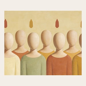 Close detail of Pentecost, showing a row of faceless apostles standing shoulder to shoulder, each with a small flame above the head at close range. The crop reveals softly modelled faceless forms, muted pigment transitions, fine cracks, and paperlike texture in the modern fresco illustration. This view focuses on the artwork surface rather than frame or room styling.