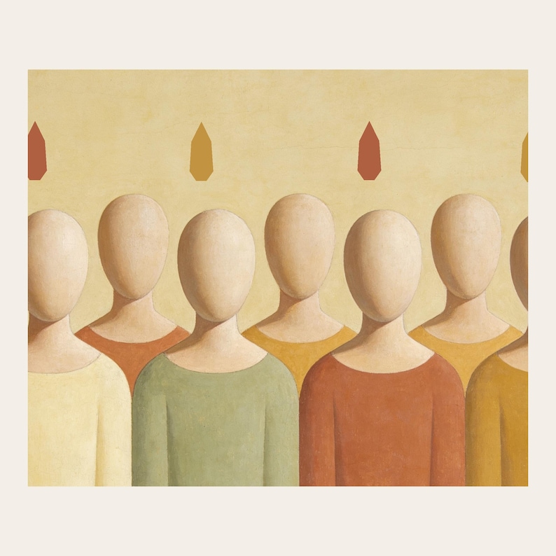 Close detail of Pentecost, showing a row of faceless apostles standing shoulder to shoulder, each with a small flame above the head at close range. The crop reveals softly modelled faceless forms, muted pigment transitions, fine cracks, and paperlike texture in the modern fresco illustration. This view focuses on the artwork surface rather than frame or room styling.