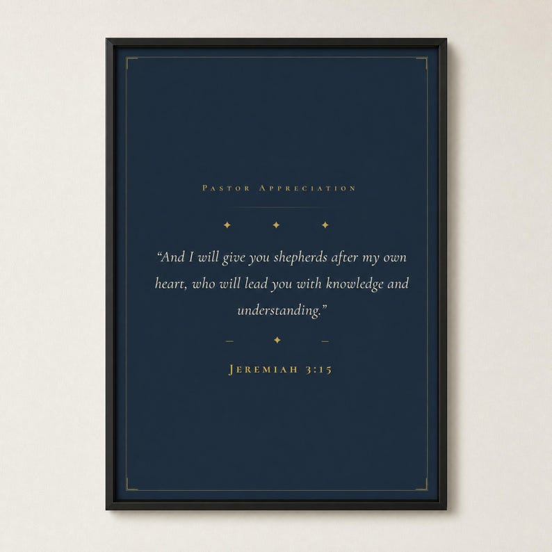 Jeremiah 3:15 Shepherds After My Own Heart scripture print in thin black metal frame, frontal view on off-white textured wall, modern minimalist styling, soft top light with gentle shadow below frame, e-commerce hero photograph, christian pastor gift digital download, pastor office decor from TheFramedVerse on Etsy