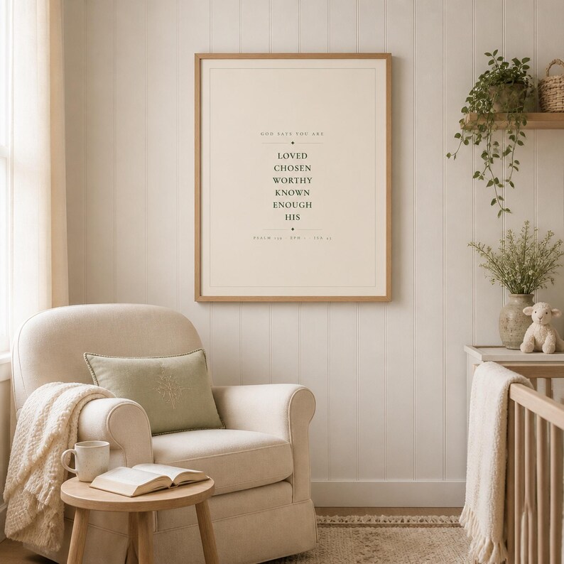 God Says You Are Loved Chosen Worthy Known scripture affirmation print dark forest green on cream christian nursery baptism gift baby dedication wall art, above sage grey linen sofa bright airy living room natural window light room lifestyle scene, digital download printable wall art instant download