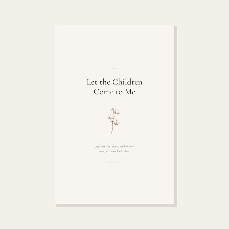 Let the Children Come to Me Matthew 19 14 Nursery Bible Verse Wall Art Christian — close-up detail of typography and paper texture. This nursery christian scripture wall art print features beautiful serif typography on warm cream background. Matthew 19 14 bible verse digital download printable for home office bedroom living room gallery wall decor. Perfect christian gift idea from TheFramedVers...