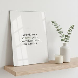 Isaiah 26:3 Wall Art You Will Keep in Perfect Peace Minimalist Scripture Print B — what you get size overview showing all available print dimensions. This modern minimalist christian scripture wall art print features beautiful serif typography on warm cream background. Isaiah 26:3 bible verse digital download printable for home office bedroom living room gallery wall decor. Perfect christian gi...