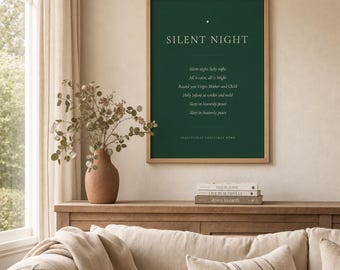 Weihnachtsbild „Stille Nacht“, traditionelles Kirchenlied als Wandbild, minimalistische christliche Weihnachtsdekoration, druckbare Weihnachtsbibelstelle