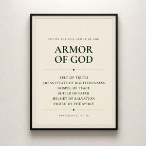 Armor of God Ephesians 6 scripture print bold minimalist christian wall art boys room confirmation baptism gift dark forest green typography on warm cream background, front-facing product shot thin black frame cream textured wall soft diffused natural light clean, digital download printable wall art instant download