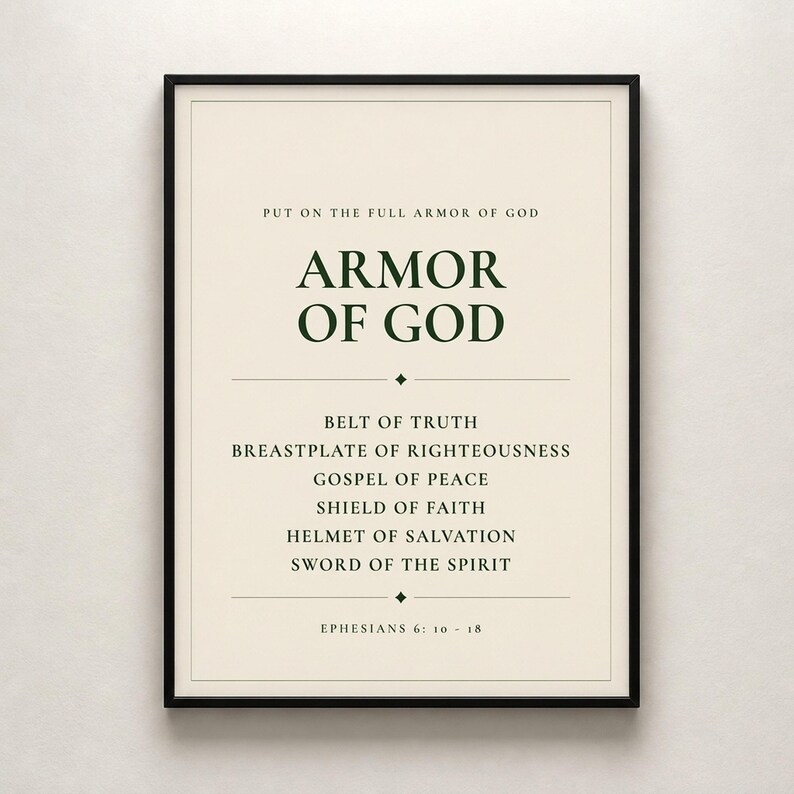 Armor of God Ephesians 6 scripture print bold minimalist christian wall art boys room confirmation baptism gift dark forest green typography on warm cream background, front-facing product shot thin black frame cream textured wall soft diffused natural light clean, digital download printable wall art instant download