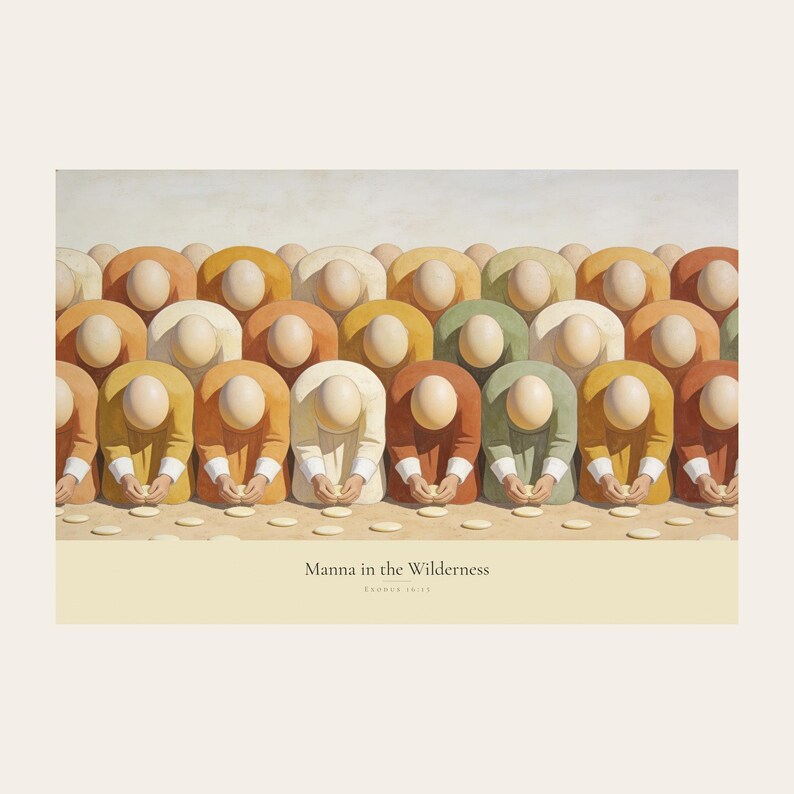 Clean front view of the unframed Manna in the Wilderness digital print on a light neutral background. The full horizontal composition shows faceless figures bending to gather pale manna across a warm cream ground, followed by the title and Exodus 16:15 in serif type on a cream caption band. The complete borders, warm fresco texture, and restrained palette are visible without props or frame.