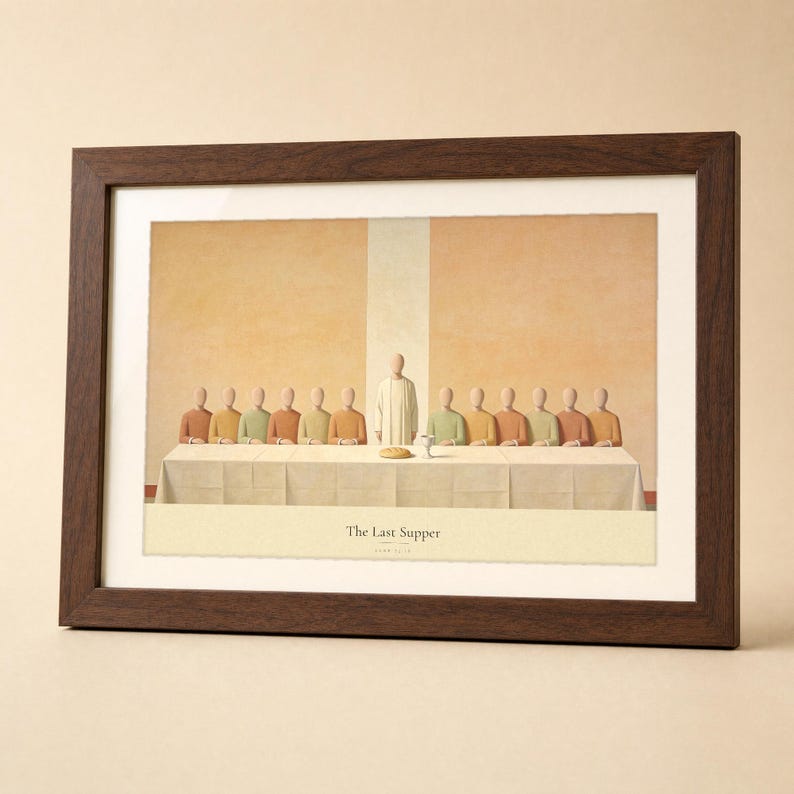 The Last Supper modern Christian print in a solid walnut landscape frame, shown frontally on a neutral cream studio backdrop with a soft top left key light and a faint glass reflection. Thirteen flat abstract figures gather around a long table with bread and a chalice, the LUKE 22:19 reference set in small caps below. Terracotta and olive earth tone digital download from TheFramedVerse.