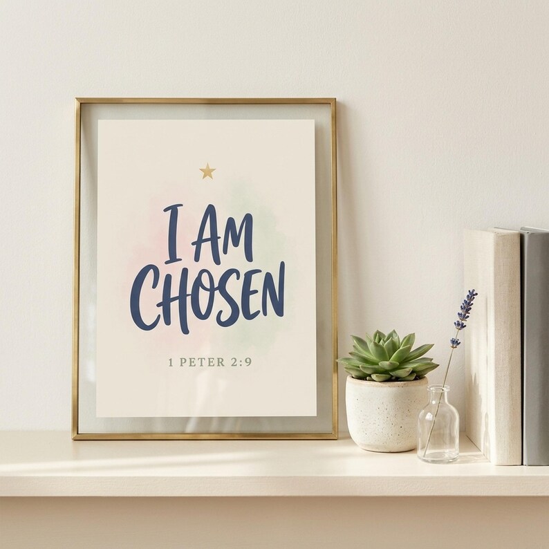 I Am Chosen 1 Peter 2:9 bible verse print in glass frame on cream shelf with green succulent, dried lavender, and stacked books. Modern hand-lettered Christian affirmation. Shows versatile styling of Kids Christian wall art set of 6 — great housewarming gift, baptism gift, sunday school decor for modern Christian homes.