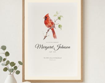 Stampa commemorativa personalizzata, In Loving Memory Cardinal Art, Salmo 34:18 Il Signore è vicino a chi ha il cuore spezzato, Regalo di condoglianze
